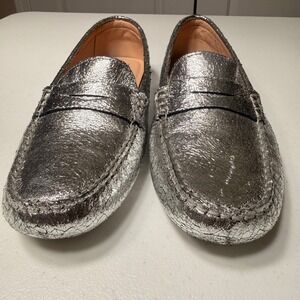 Flag Ltd Silver Cracked Metallic Leather Penny Loafers Driving Mocs Womens 7 M
